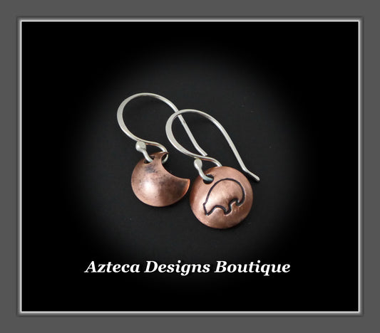 Zuni Bear MOON Asymmetrical Hand Stamped Copper Artisan Earrings