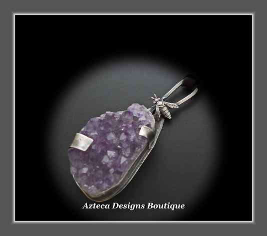 Bee Sparkling~Amethyst Druzy Crystal Sterling Silver Hand Fabricated Bee Pendant Necklace