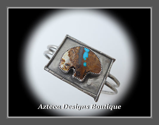 Bear Fetish Natural Royston Turquoise + Argentium Silver Hand Fabricated Cuff Bracelet