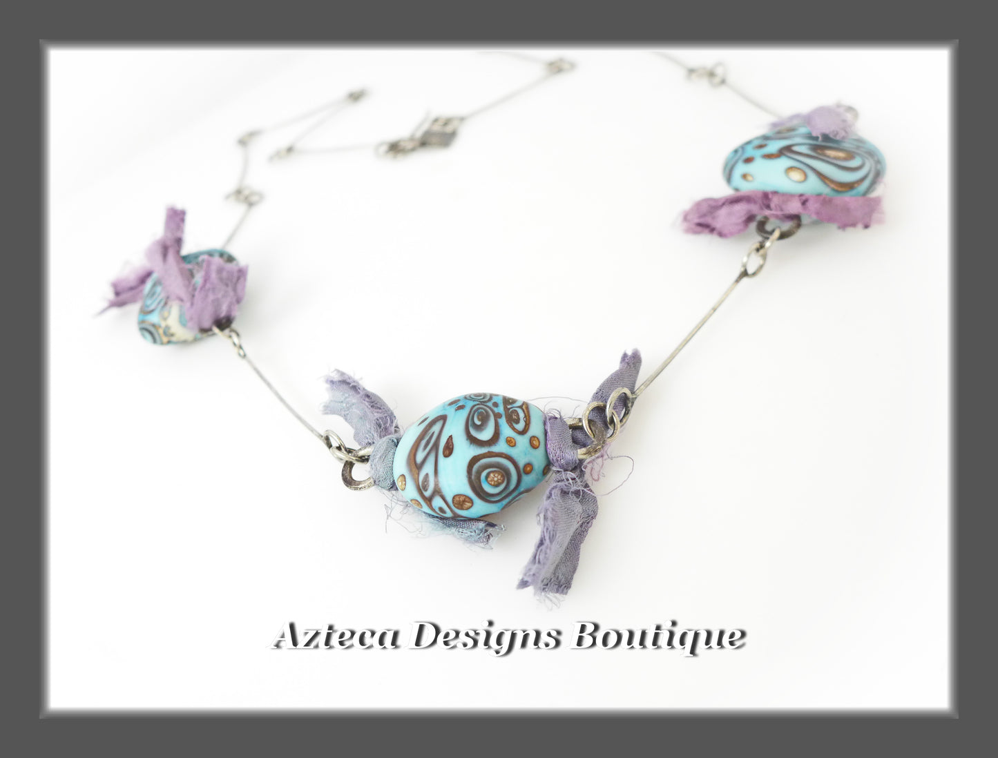 Artisan Lampwork + Sterling Silver + Sari Silk Art Necklace