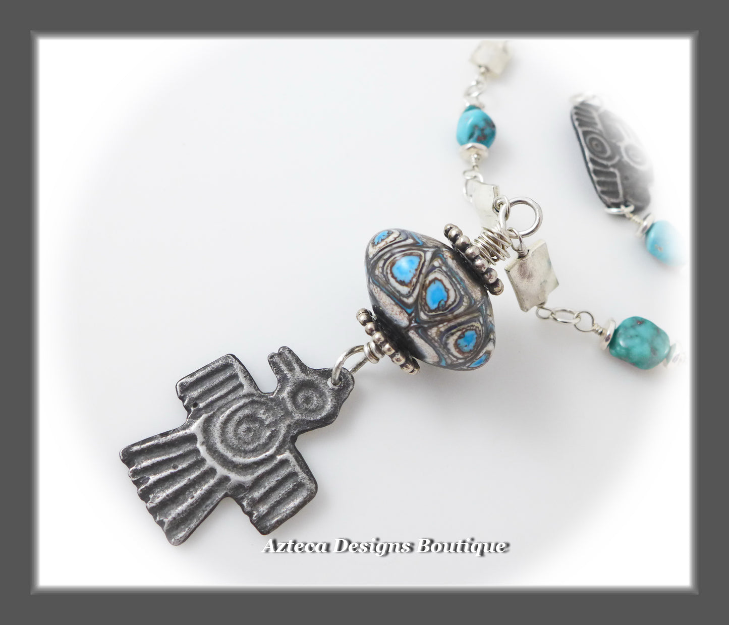 Campitos Turquoise+Artisan Lampwork+Raven+ Sterling Silver Artisan Necklace+Bracelet Two Piece SET