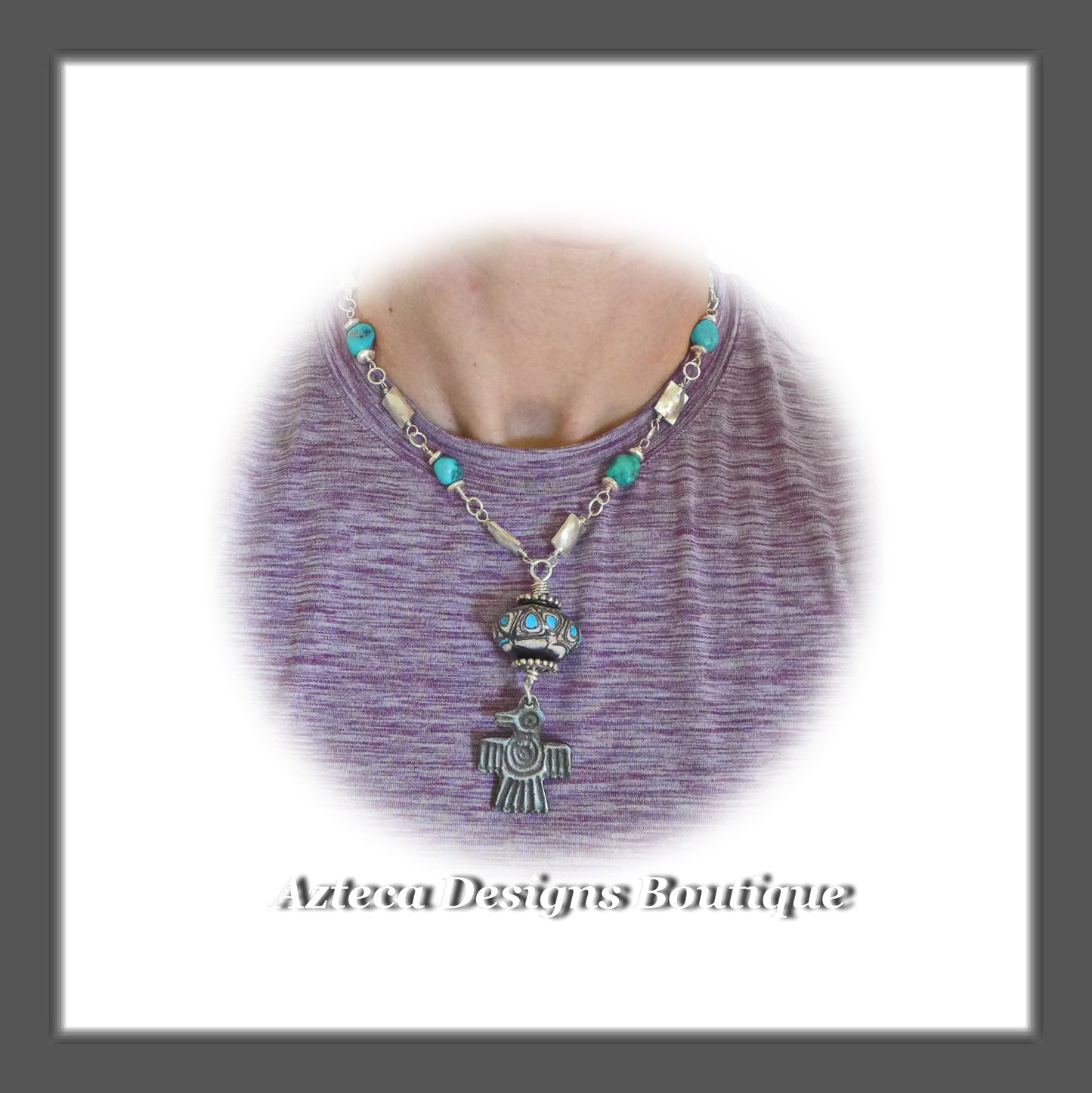 Campitos Turquoise+Artisan Lampwork+Raven+ Sterling Silver Artisan Necklace+Bracelet Two Piece SET