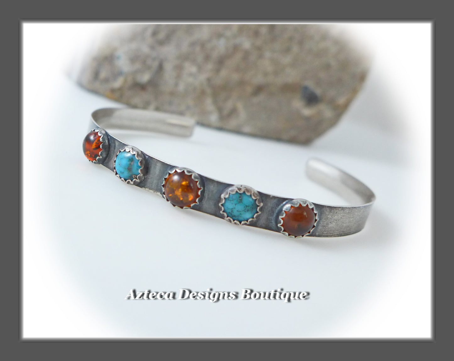 Sterling Silver Cuff+Sleeping Beauty Natural Turquoise+Baltic Amber+S/M