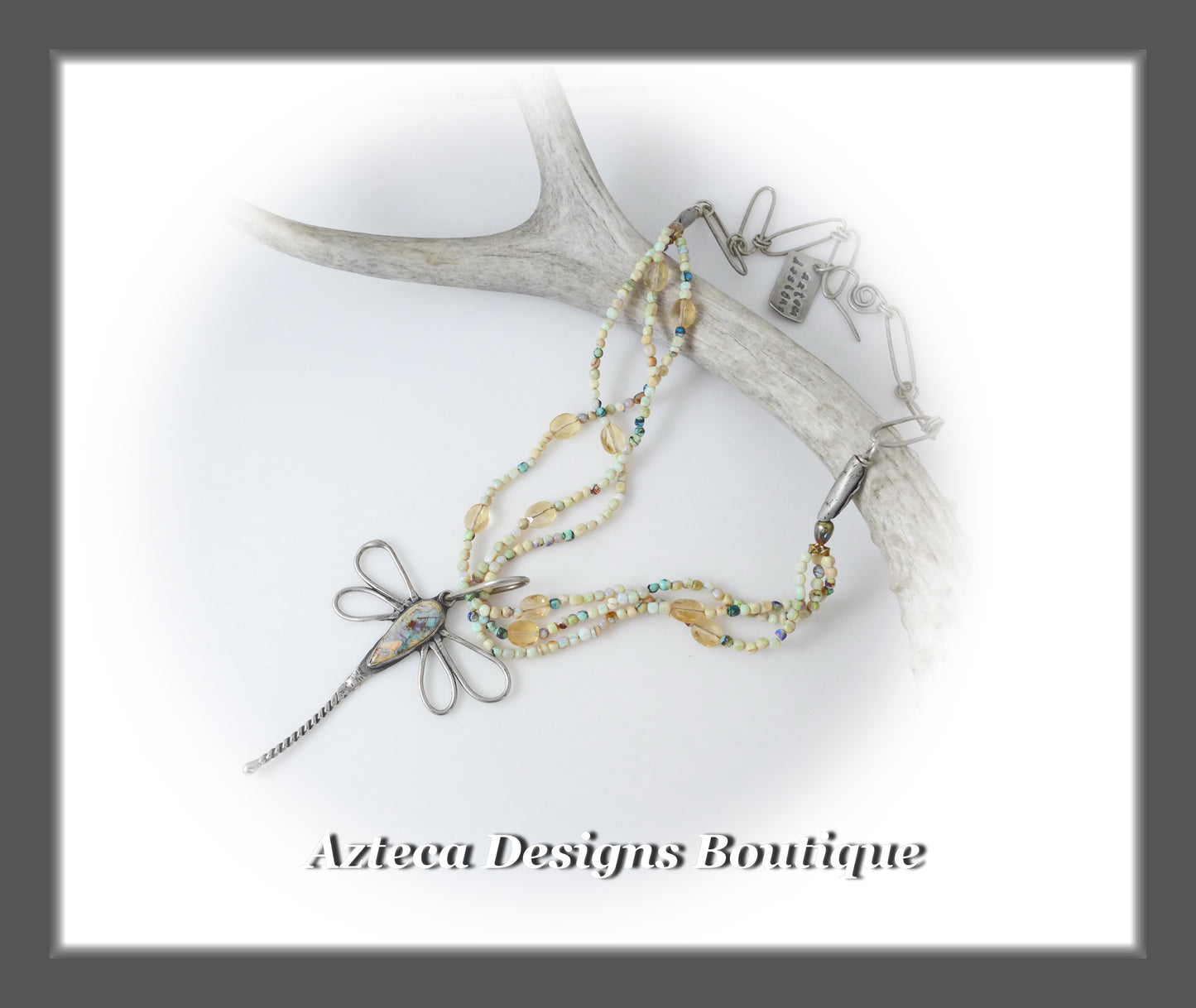 She Flies~ Dragonfly+Cultured Sterling Opal+Citrine+Hand Fabricated Silver Layered Necklace