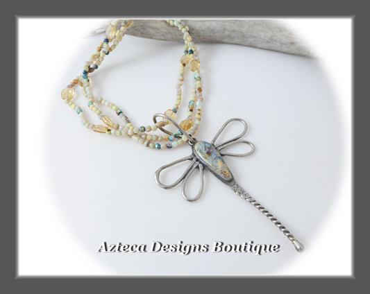 She Flies~ Dragonfly+Cultured Sterling Opal+Citrine+Hand Fabricated Silver Layered Necklace