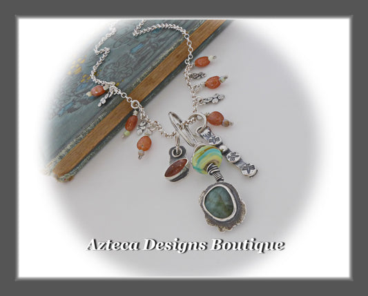 Garden Whimsy+Sunstone+Emerald+Opal+Hand Fabricated Silver Necklace