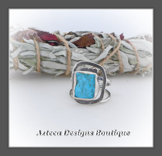 Sleeping Beauty Turquoise Rough Top Ring+Size 9+Argentium Silver Hand Fabricated Antique Finish