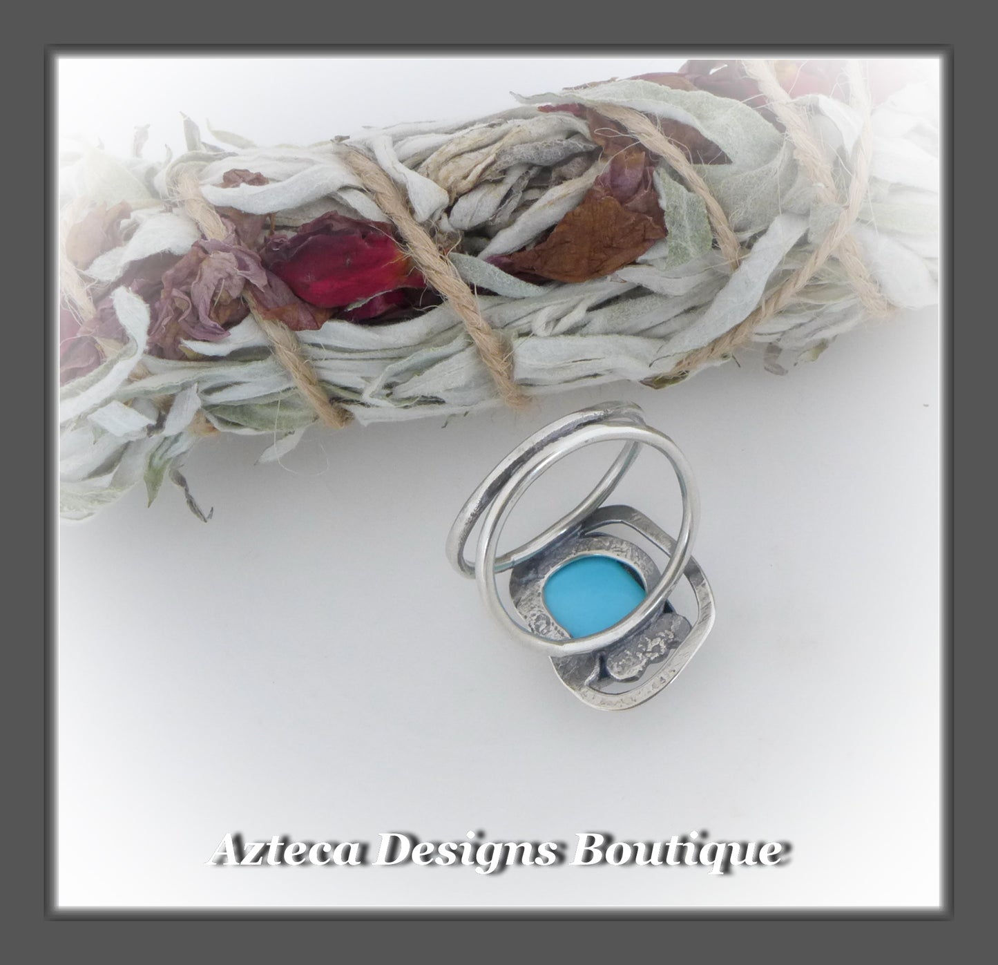 Sleeping Beauty Turquoise Rough Top Ring+Size 9+Argentium Silver Hand Fabricated Antique Finish