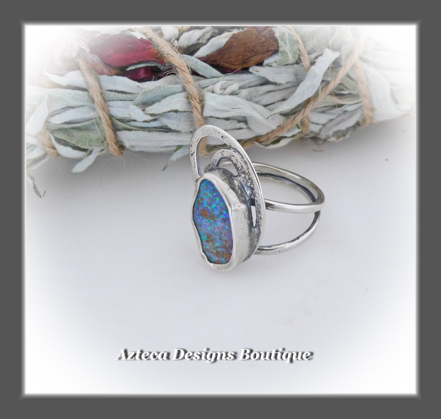 Boulder Opal Rough Top Ring+Size 10+Argentium Silver Hand Fabricated Antique Finish