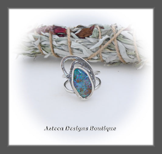 Boulder Opal Rough Top Ring+Size 10+Argentium Silver Hand Fabricated Antique Finish