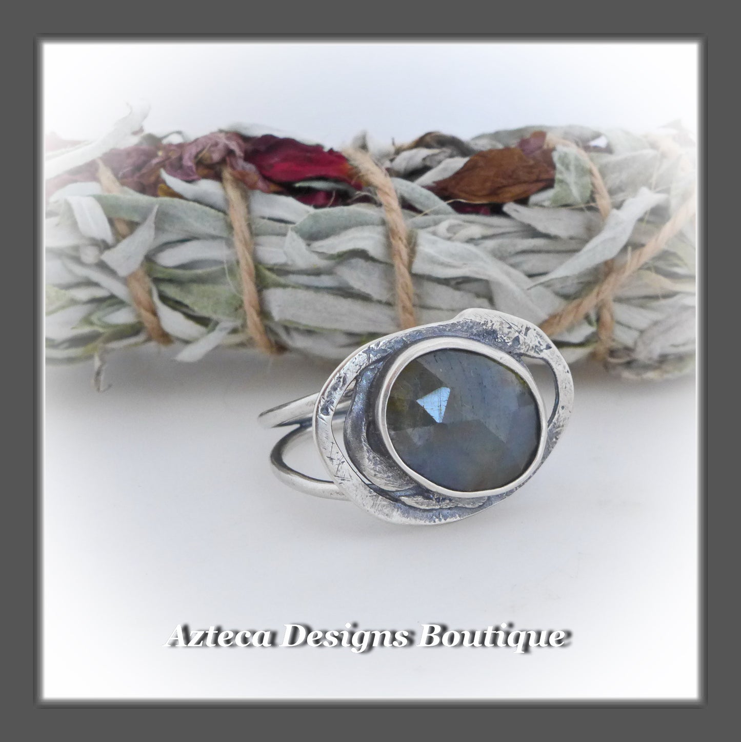 Rosecut Natural Blue Sapphire Ring+Size 10+Argentium Silver Hand Fabricated Antique Finish