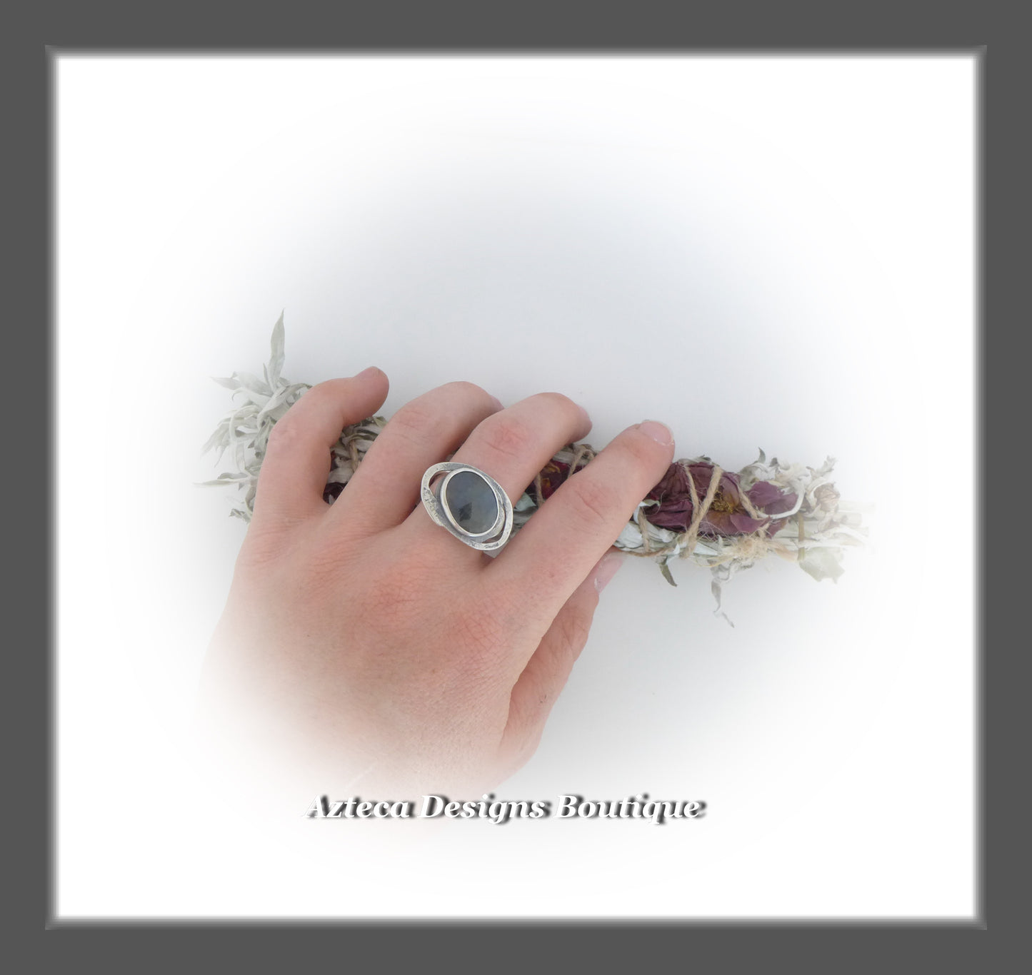 Rosecut Natural Blue Sapphire Ring+Size 10+Argentium Silver Hand Fabricated Antique Finish
