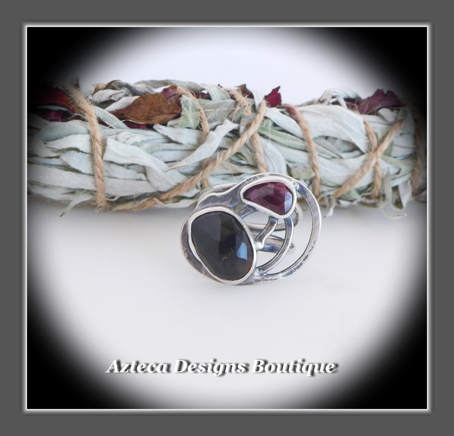 Rosecut Black Onyx Red Garnet Ring+Size 7+Argentium Silver Hand Fabricated Antique Finish