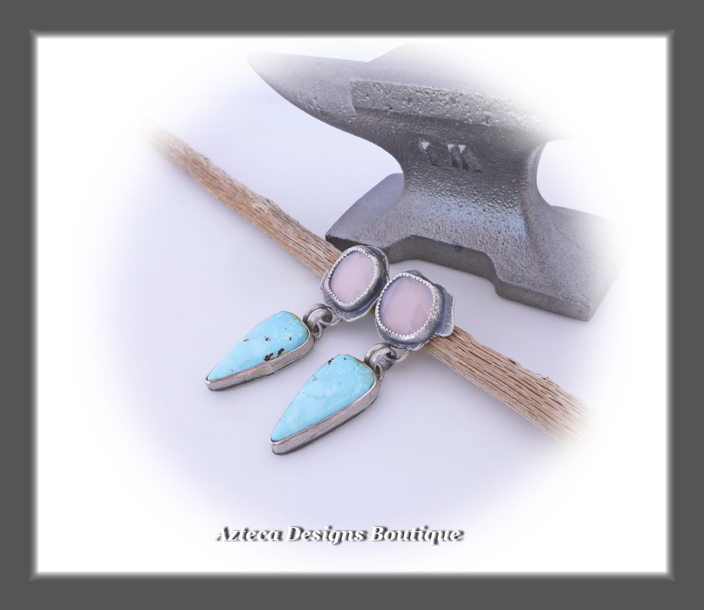Fiercely Soft~Sierra Nevada Turquoise+Pink Chalcedony+Sterling Silver Hand Fabricated Earrings