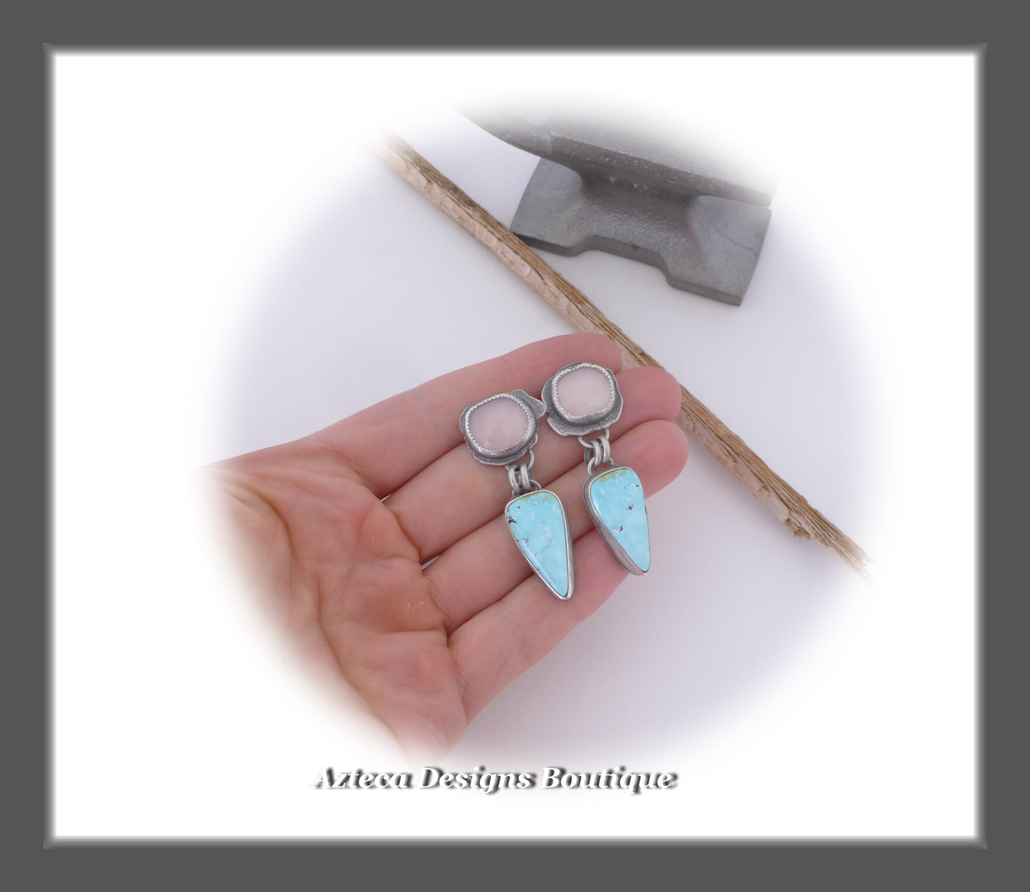 Fiercely Soft~Sierra Nevada Turquoise+Pink Chalcedony+Sterling Silver Hand Fabricated Earrings