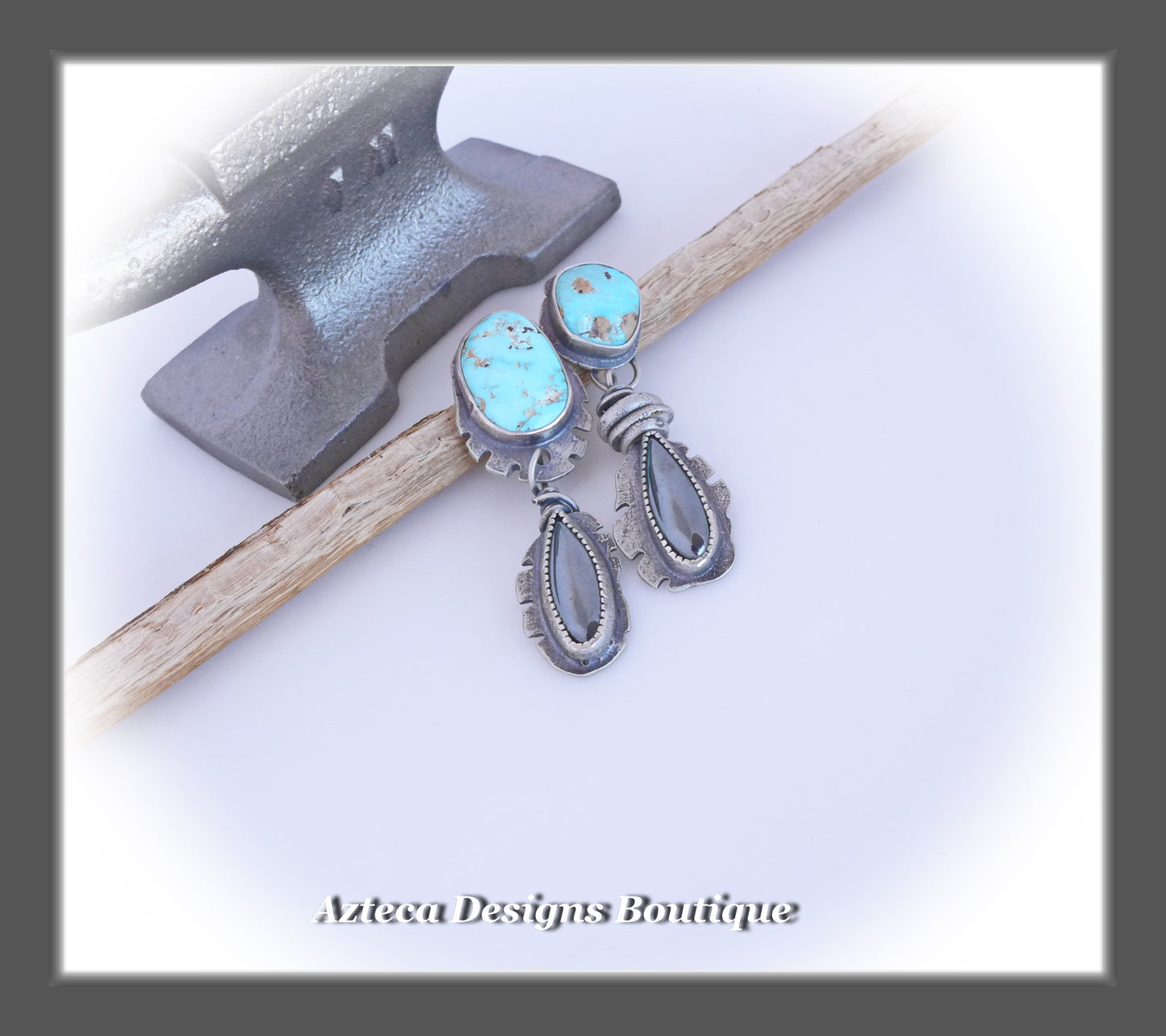 From Where~Santa Rita Turquoise+Hematite+Sterling Silver Hand Fabricated Earrings