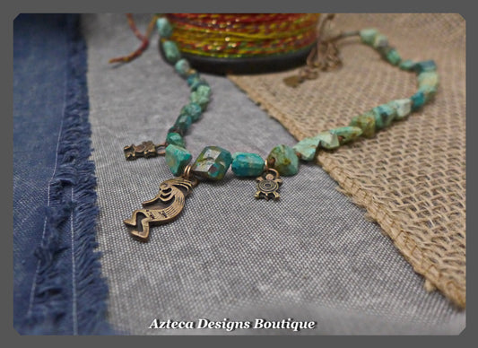 Chrysocolla+Bronze Southwest Charms+Bohemian Long Necklace