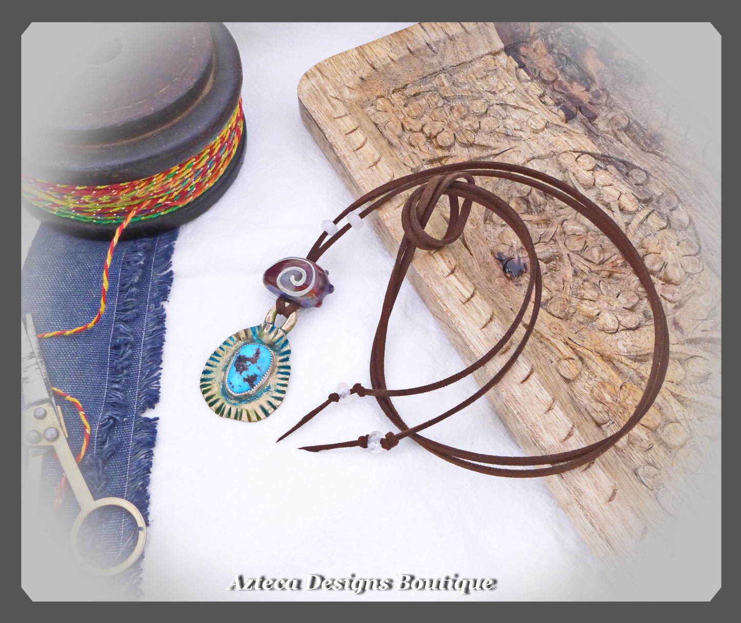 Through Time~Vegan Suede+Bronze+Kingman Turquoise+Lampwork Bead+Rose Quartz+Artisan Necklace