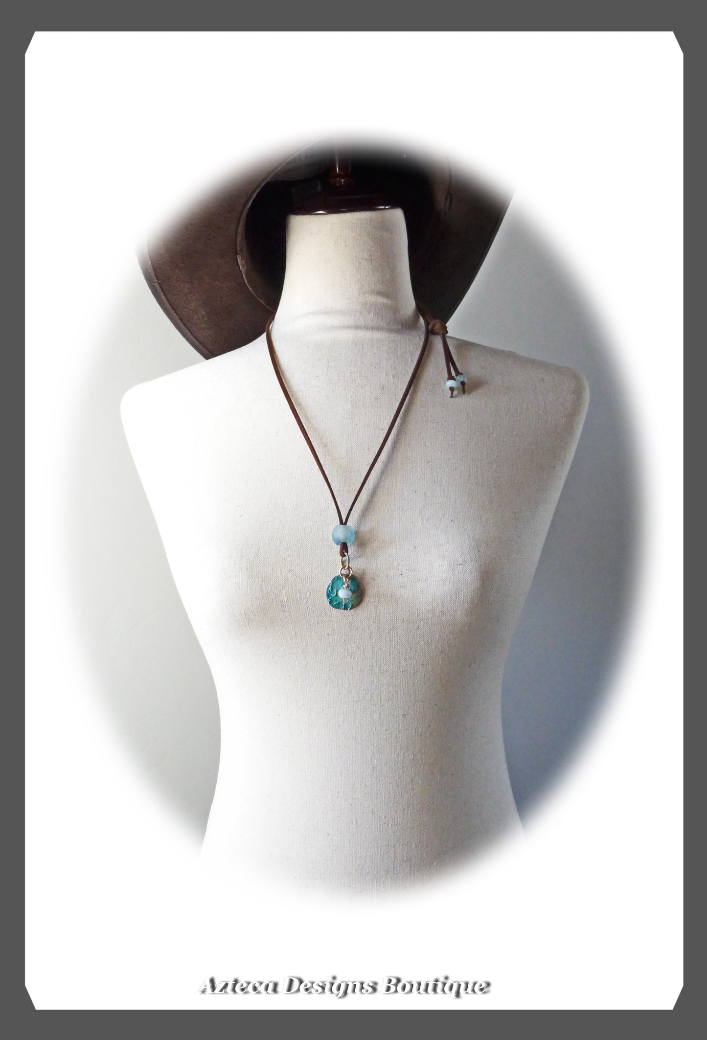 Through Time~Vegan Suede+Bronze+Aquamarine+Recycled Glass Bead+Artisan Necklace