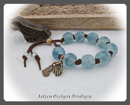 Blue Wave Bracelet+Vegan Suede+Recycled Glass Beads+Bronze Metalwork+Clear Quartz