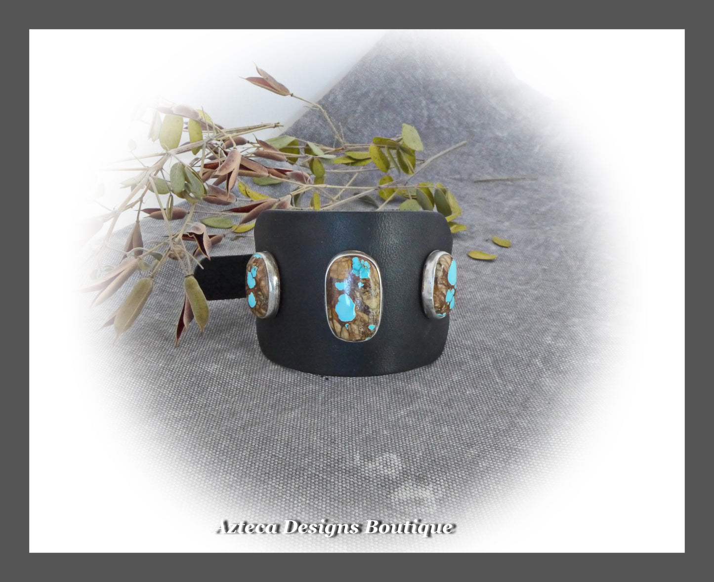 Better With Three+Royston Turquoise+Wide Black Leather Buckle Cuff