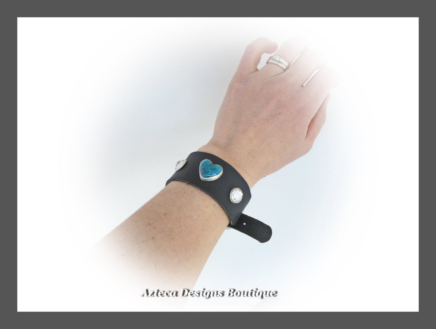 For Love+Kingman Turquoise Heart+Swarovski Crystals+Black Leather Buckle Cuff