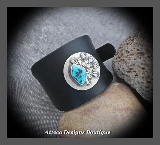 Blue Flame+Kingman Turquoise+Argentium Silver+Black Leather+Buckle Cuff Bracelet