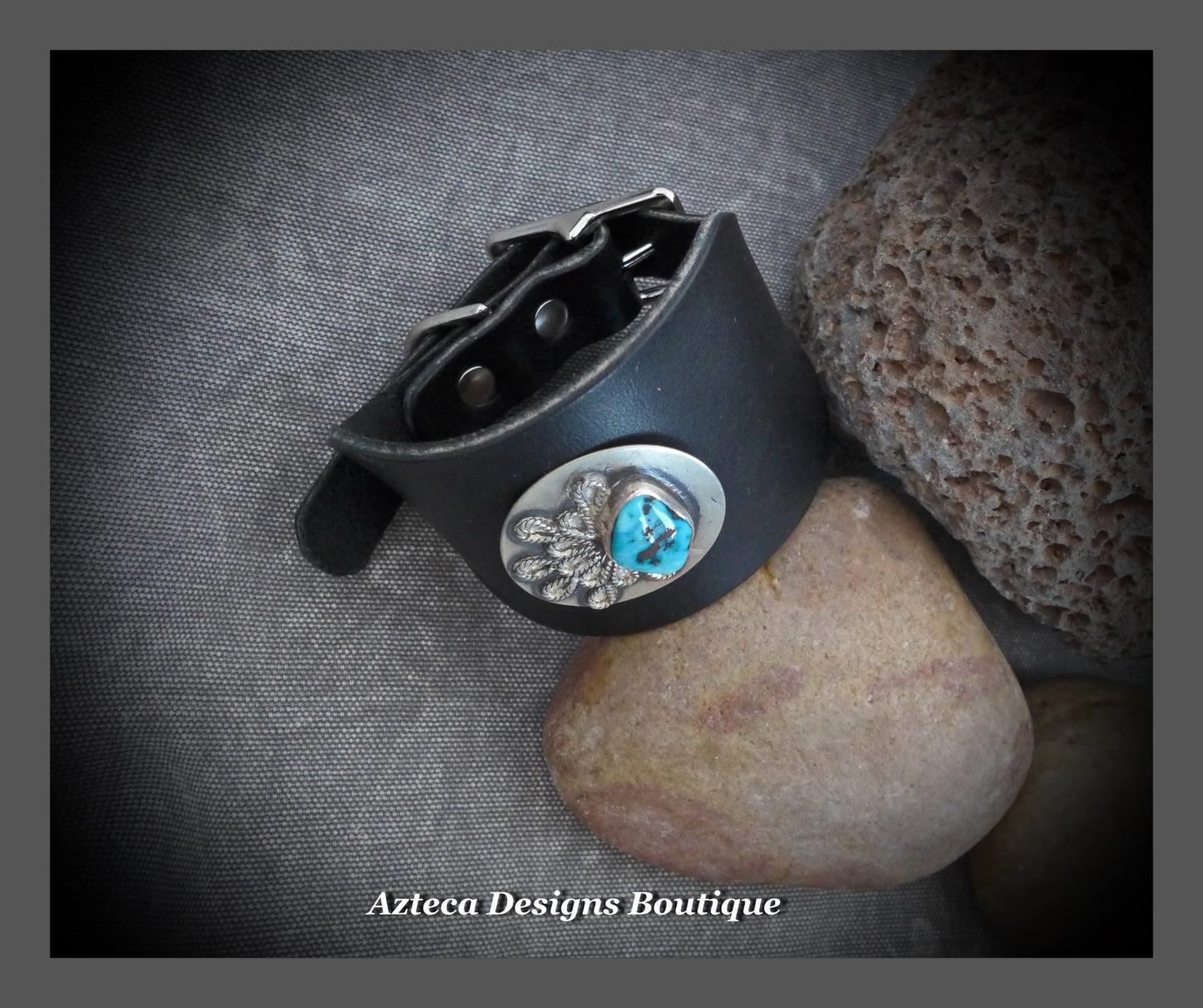 Blue Flame+Kingman Turquoise+Argentium Silver+Black Leather+Buckle Cuff Bracelet