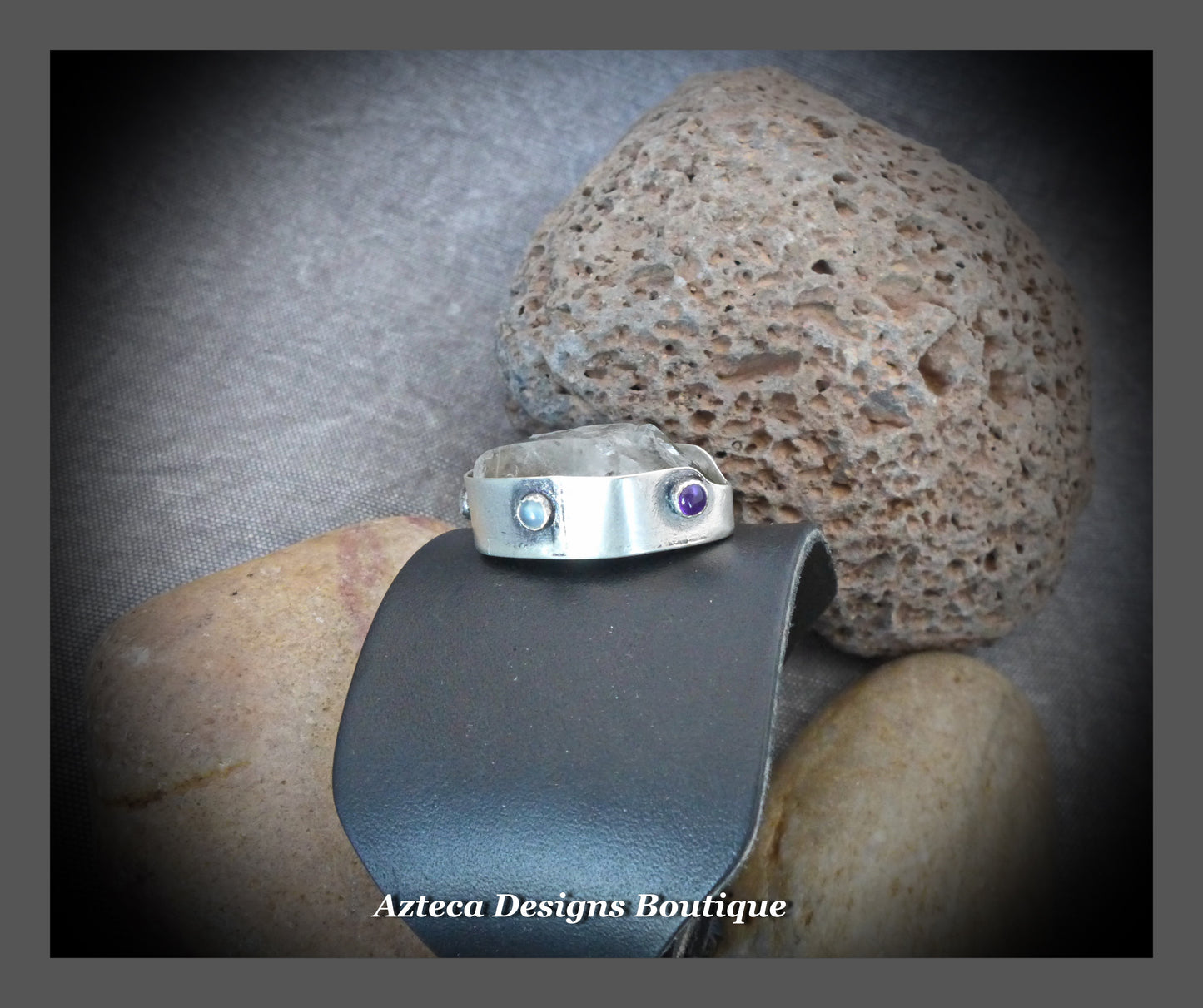 Medieval Royal+Clear Quartz Crystal+Multi Gemstone+Argentium Silver+Black Leather+Buckle Cuff Bracelet