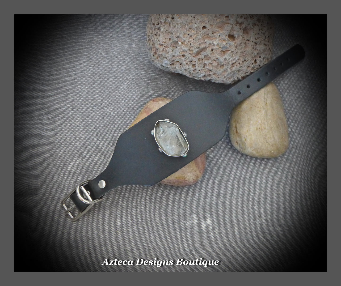 Medieval Royal+Clear Quartz Crystal+Multi Gemstone+Argentium Silver+Black Leather+Buckle Cuff Bracelet